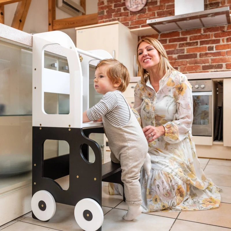Montessori Lernturm 3-in-1 – Küchenhelfer, Tisch & Stuhl-Auto-Design