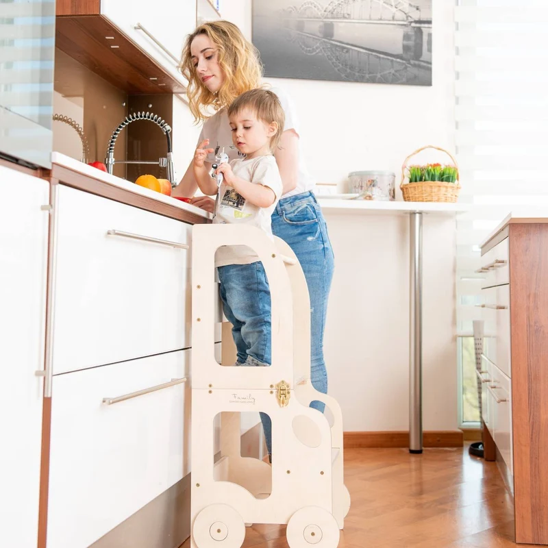Montessori Lernturm 3-in-1 – Küchenhelfer, Tisch & Stuhl-Auto-Design