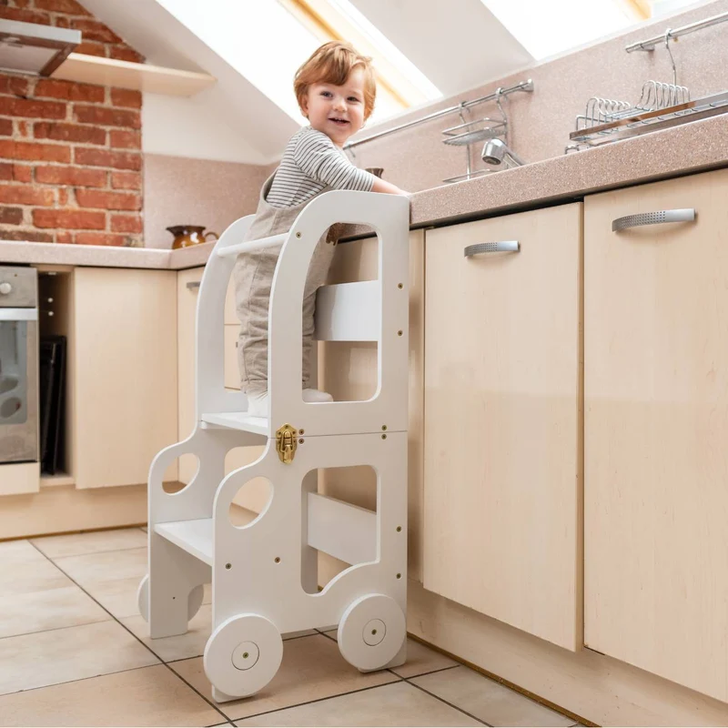 Montessori Lernturm 3-in-1 – Küchenhelfer, Tisch & Stuhl-Auto-Design