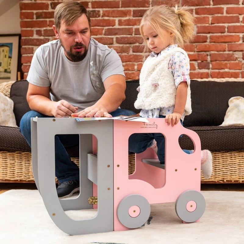 Montessori Lernturm 3-in-1 – Küchenhelfer, Tisch & Stuhl-Auto-Design