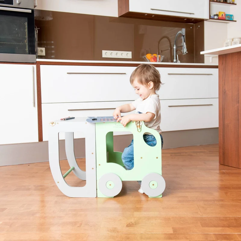 Montessori Lernturm 3-in-1 – Küchenhelfer, Tisch & Stuhl-Auto-Design