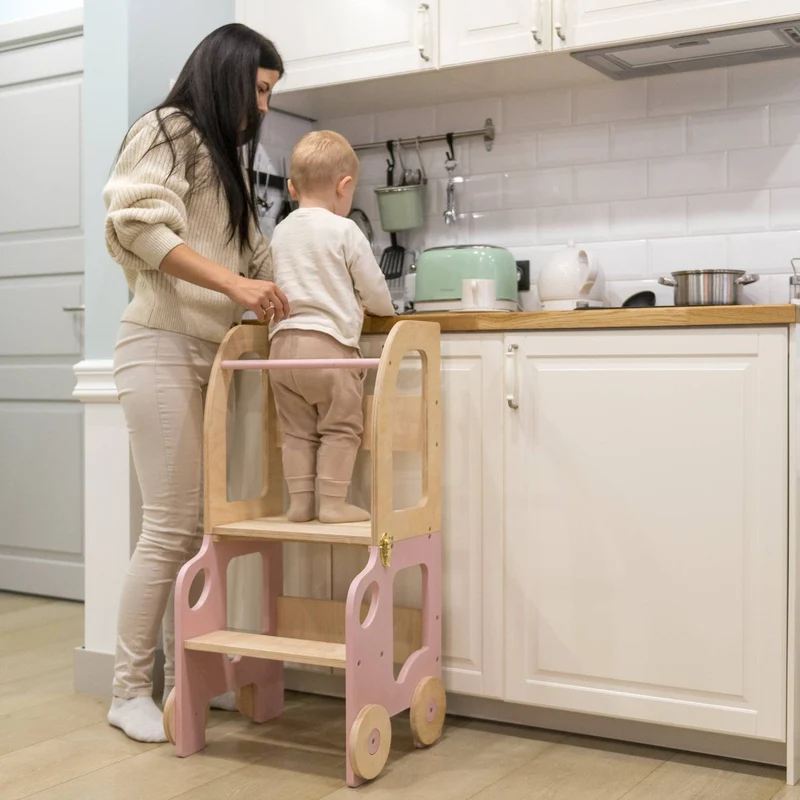 Montessori Lernturm 3-in-1 – Küchenhelfer, Tisch & Stuhl-Auto-Design