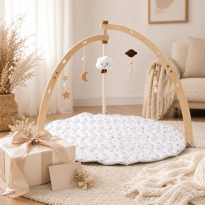 Holz Baby Gym mit Spielmatte – mit 5 Anhängern
