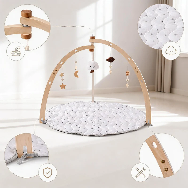 Holz Baby Gym mit Spielmatte – mit 5 Anhängern