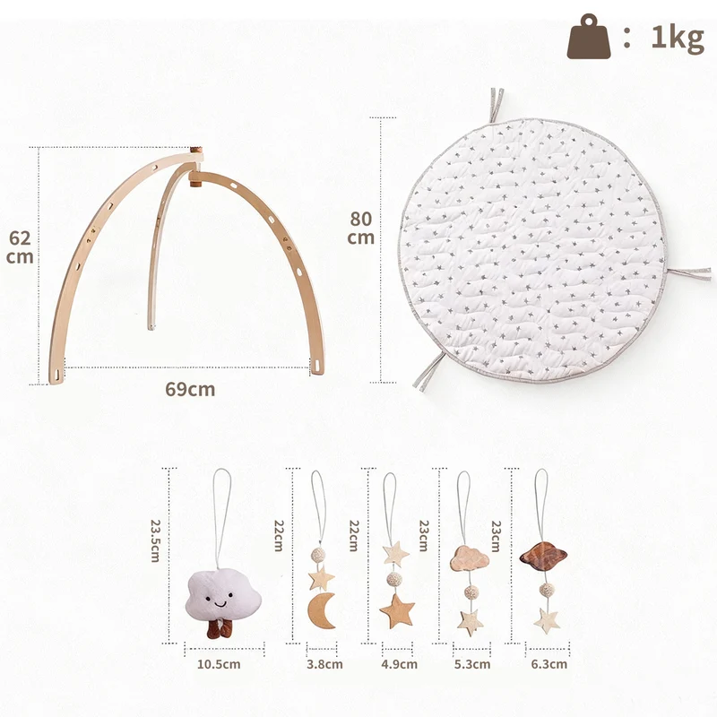 Holz Baby Gym mit Spielmatte – mit 5 Anhängern