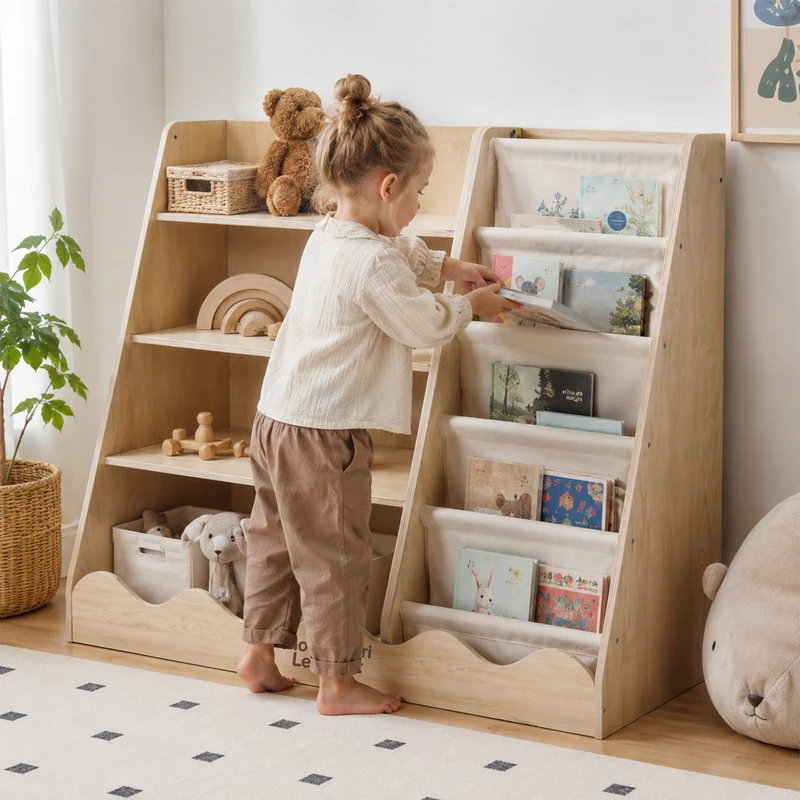 Montessori Kinderregal für Bücher & Spielzeug – 4 Ebenen mit Stauraum