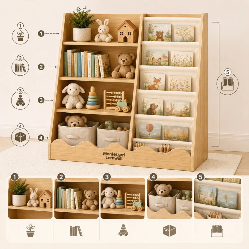 Montessori Kinderregal für Bücher & Spielzeug – 4 Ebenen mit Stauraum