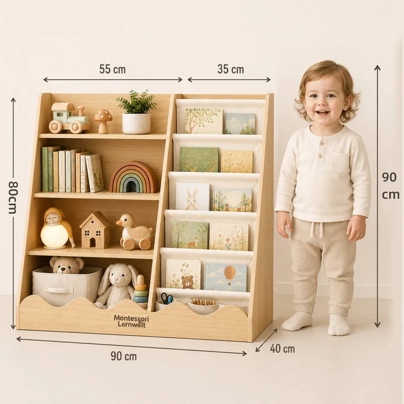 Montessori Kinderregal für Bücher & Spielzeug – 4 Ebenen mit Stauraum