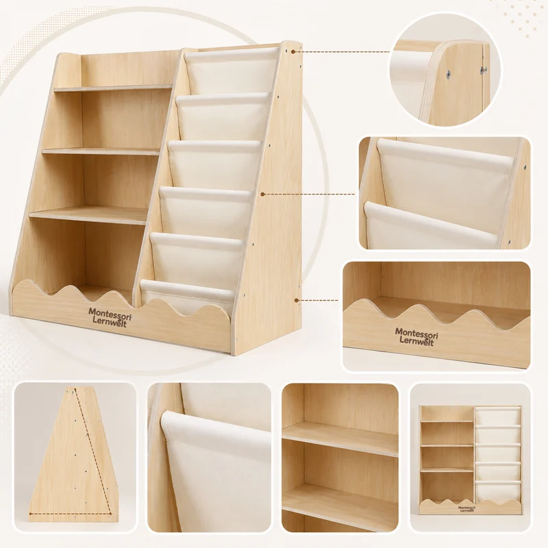 Montessori Kinderregal für Bücher & Spielzeug – 4 Ebenen mit Stauraum