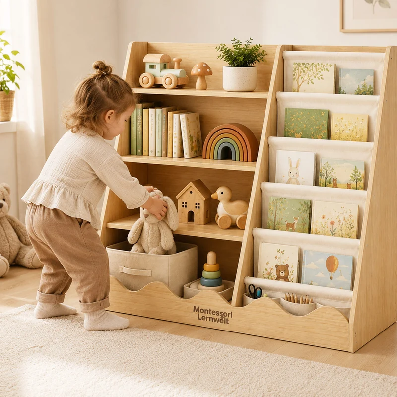 Montessori Kinderregal für Bücher & Spielzeug – 4 Ebenen mit Stauraum