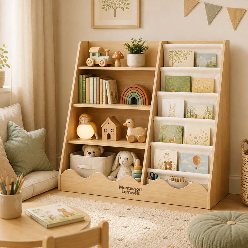 Montessori Kinderregal für Bücher & Spielzeug – 4 Ebenen mit Stauraum