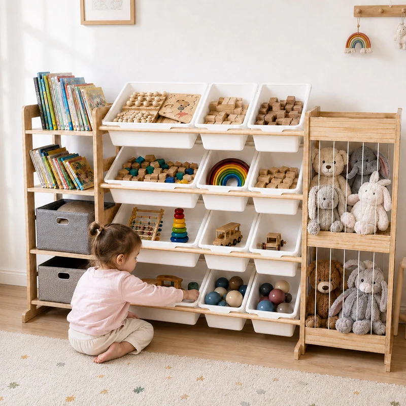 4-Etagen Montessori Spielzeugregal – mit Boxen, Bücherablage & Netz