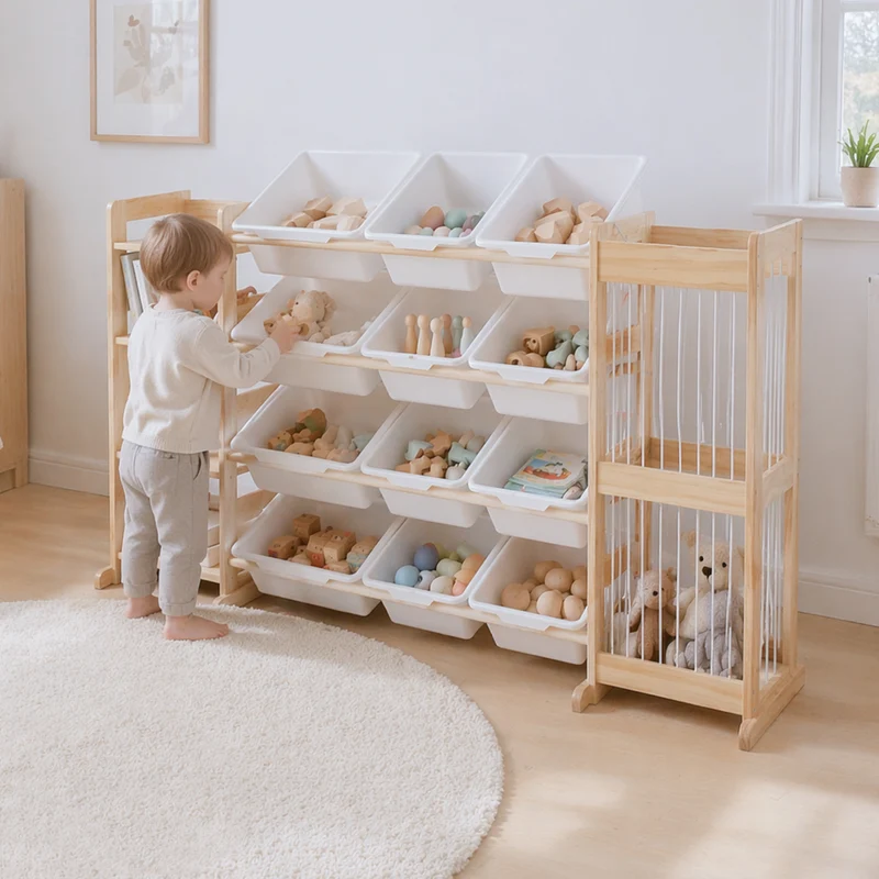 4-Etagen Montessori Spielzeugregal – mit Boxen, Bücherablage & Netz