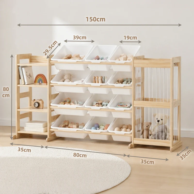 4-Etagen Montessori Spielzeugregal – mit Boxen, Bücherablage & Netz