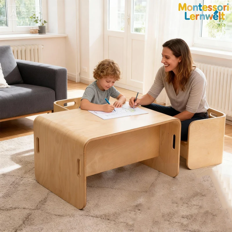 Montessori Kindertisch & Stuhl Set – Multifunktionales Lernmöbel aus Holz