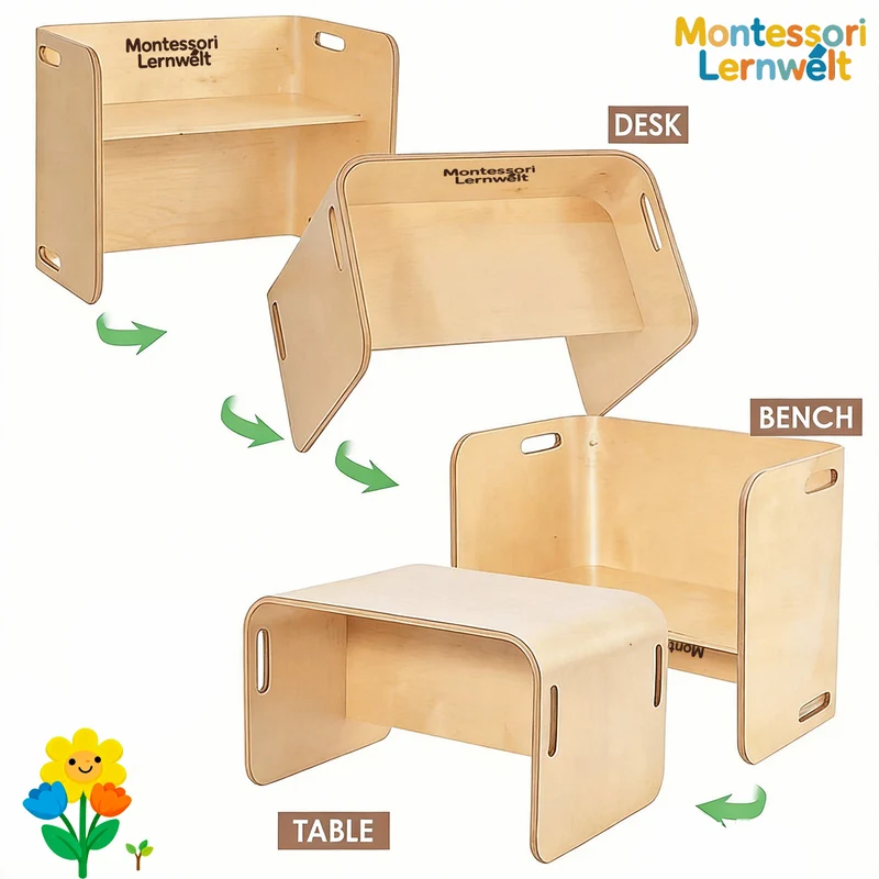 Montessori Kindertisch & Stuhl Set – Multifunktionales Lernmöbel aus Holz