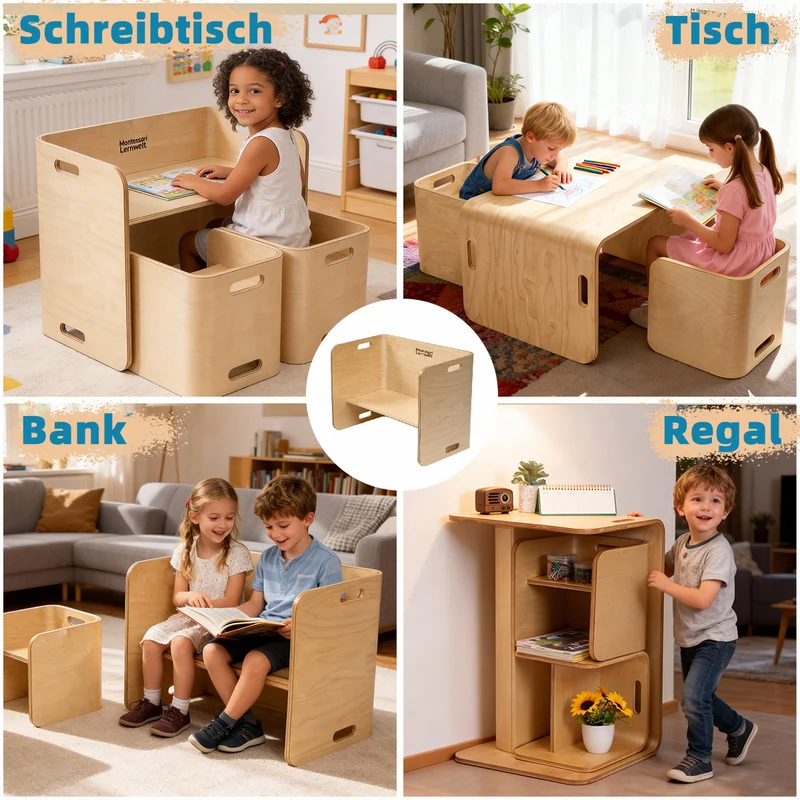 Montessori Kindertisch & Stuhl Set – Multifunktionales Lernmöbel aus Holz