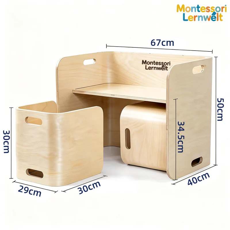Montessori Kindertisch & Stuhl Set – Multifunktionales Lernmöbel aus Holz