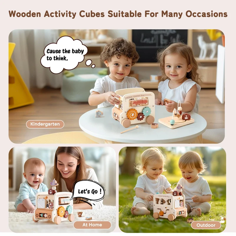 Montessori 8-in-1 Busy Bus – Aktivitätswürfel aus Holz - Beige