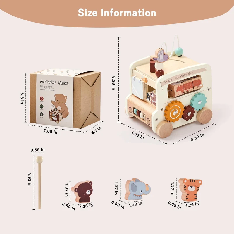 Montessori 8-in-1 Busy Bus – Aktivitätswürfel aus Holz - Beige