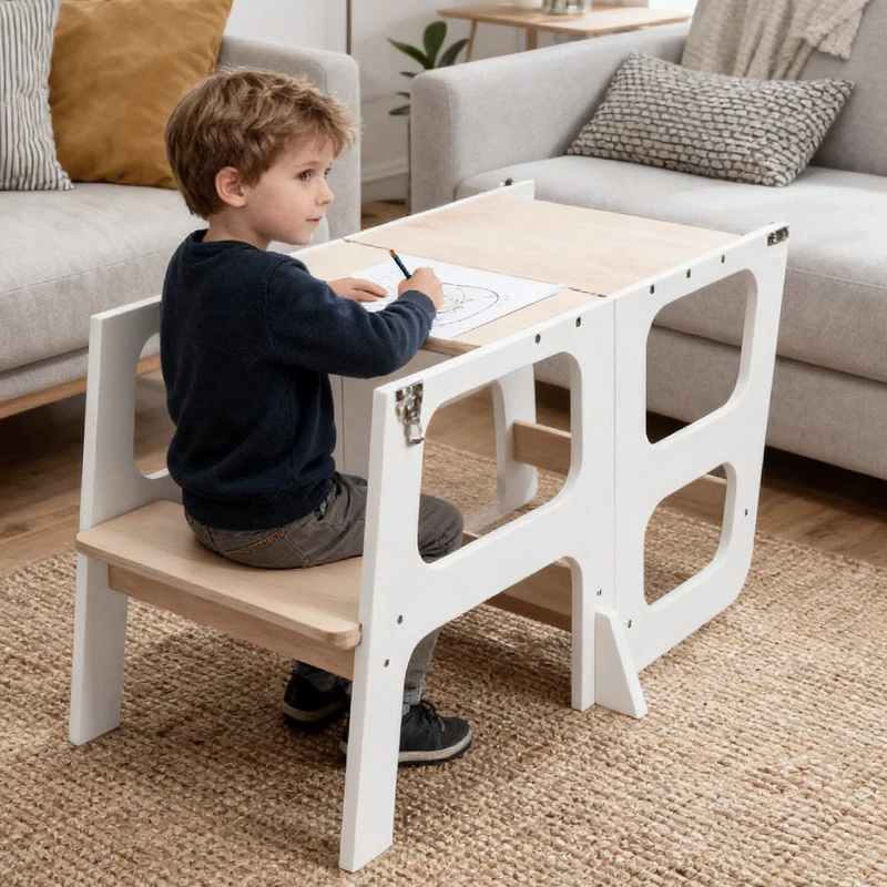 Montessori Lernturm 3-in-1 – Mit Rutsche & Tisch