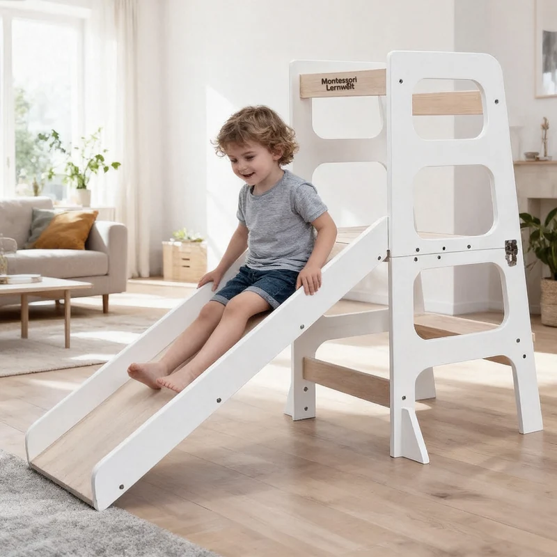 Montessori Lernturm 3-in-1 – Mit Rutsche & Tisch