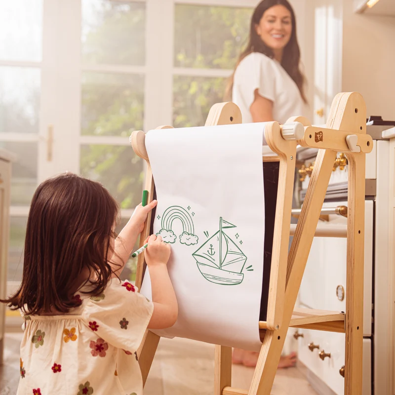Tour d’apprentissage pliable et tableau créatif en bois FSC® pour enfant dès 18 mois