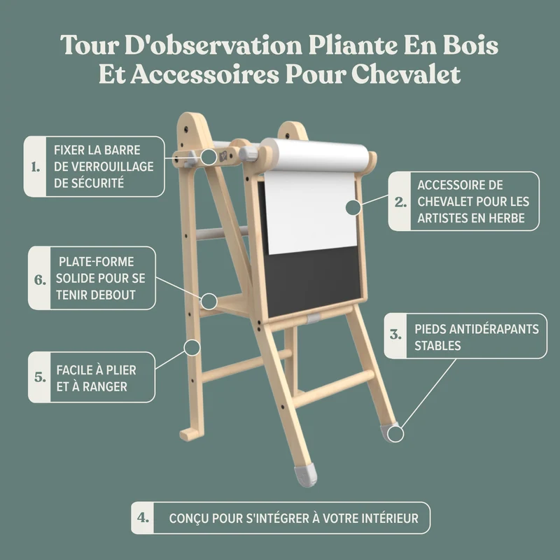 Tour d’apprentissage pliable et tableau créatif en bois FSC® pour enfant dès 18 mois