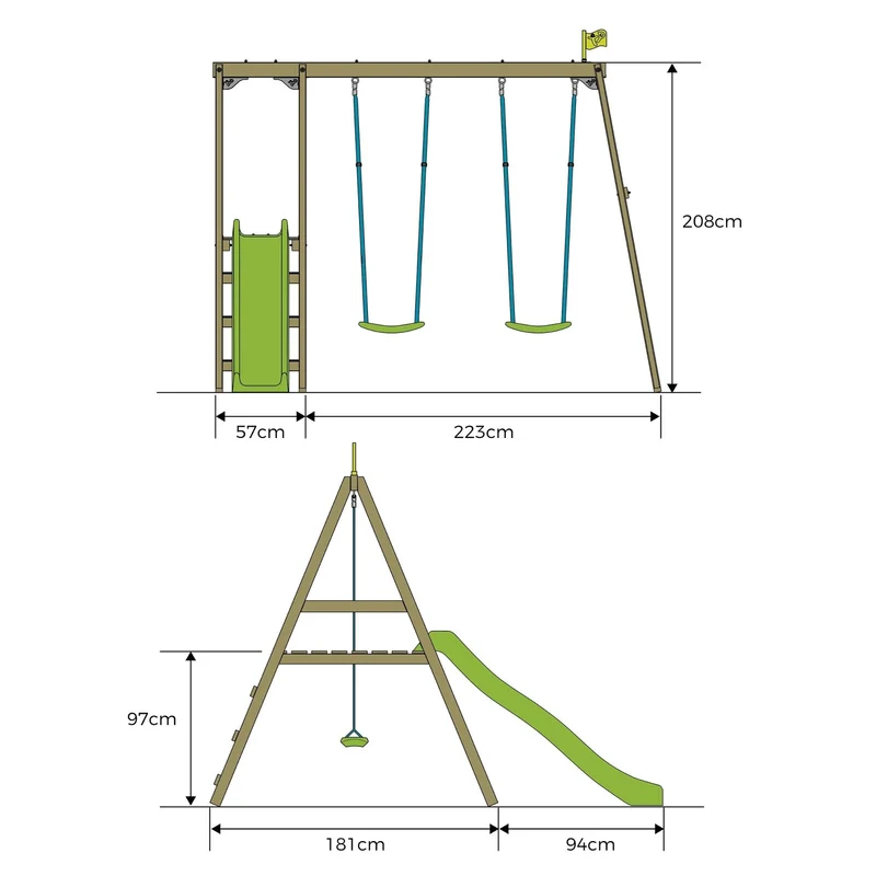 Portique 2 balançoires avec toboggan - bois FSC® - H200 cm - THYMÉLÉE