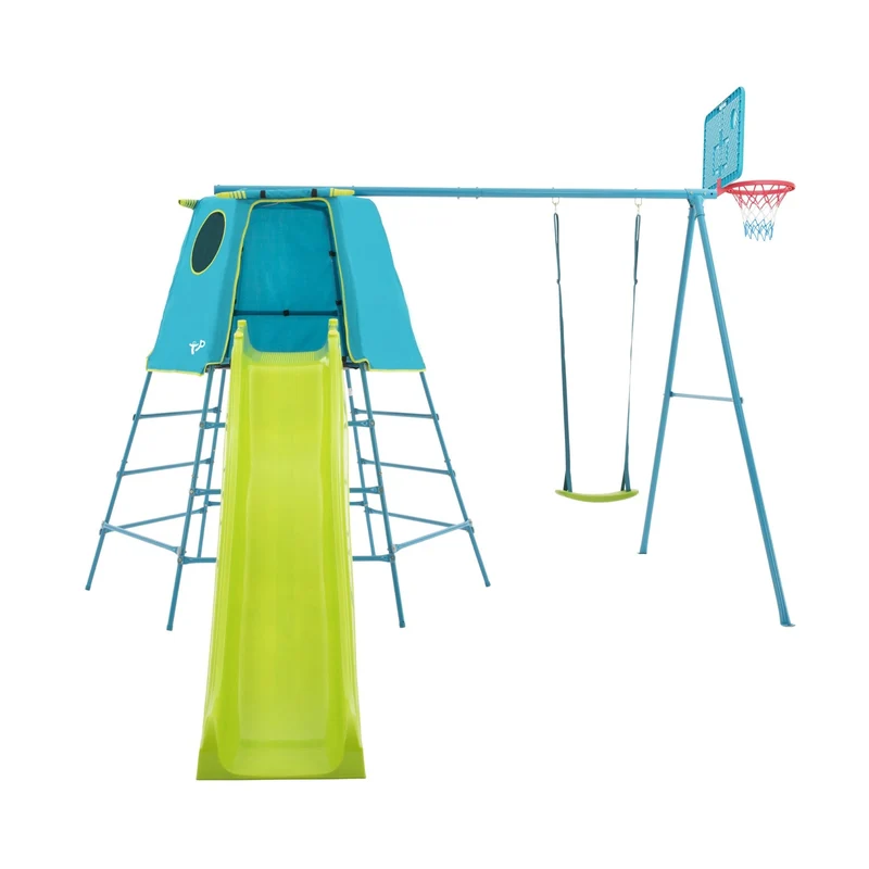 Aire de jeux balançoire, toboggan et panier de basket - métal bleu - H246 cm - EXPLORER TOUR