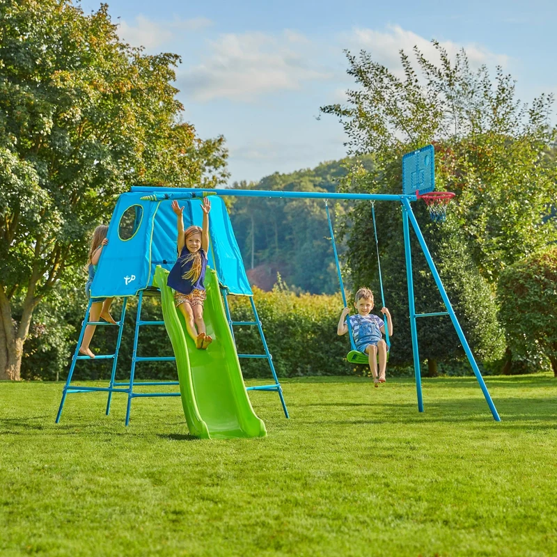 Aire de jeux balançoire, toboggan et panier de basket - métal bleu - H246 cm - EXPLORER TOUR