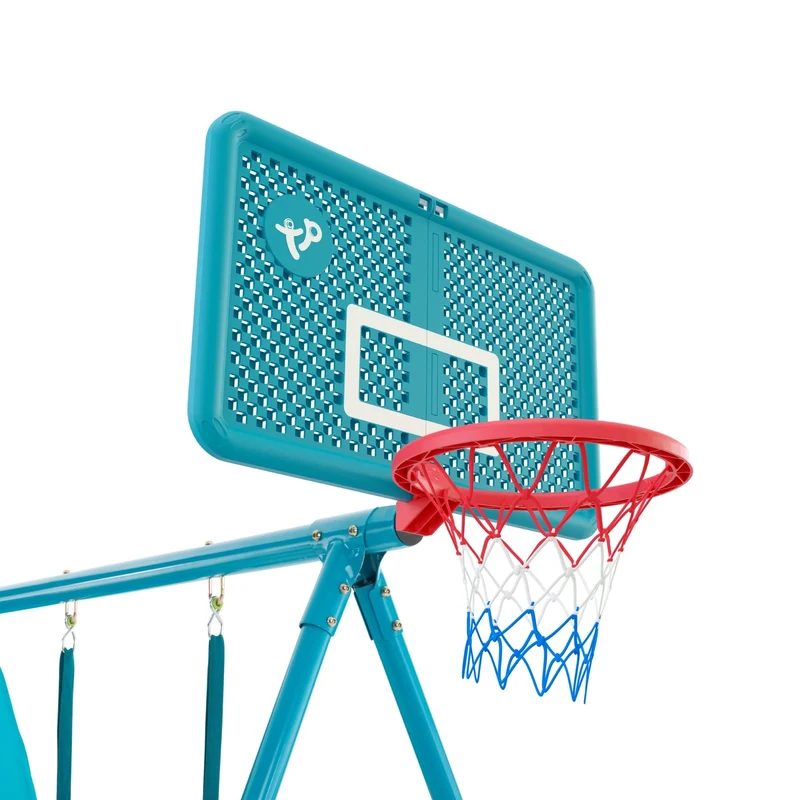 Aire de jeux balançoire, toboggan et panier de basket - métal bleu - H246 cm - EXPLORER TOUR