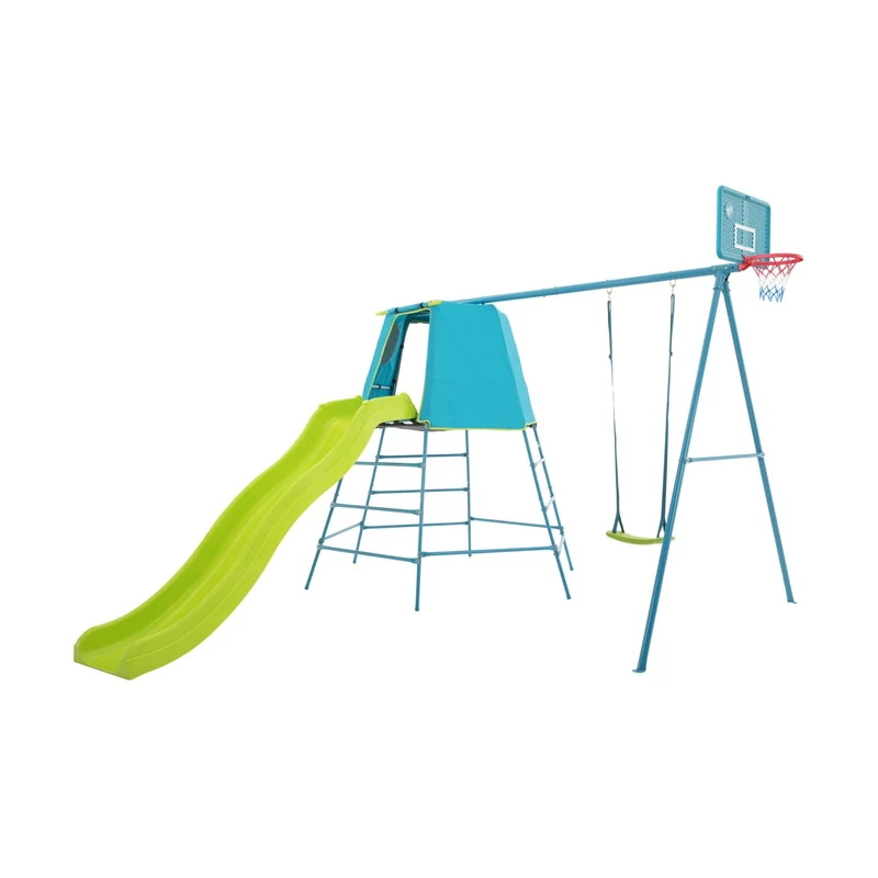 Aire de jeux balançoire, toboggan et panier de basket - métal bleu - H246 cm - EXPLORER TOUR