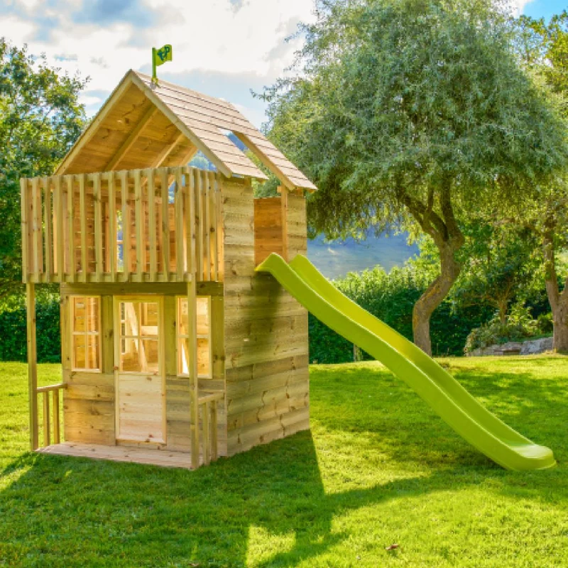 Cabane enfant avec étage et toboggan vert pomme - bois FSC® - LOFT