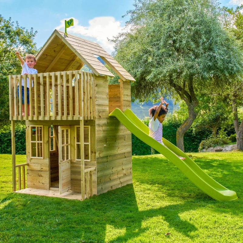 Cabane enfant avec étage et toboggan vert pomme - bois FSC® - LOFT