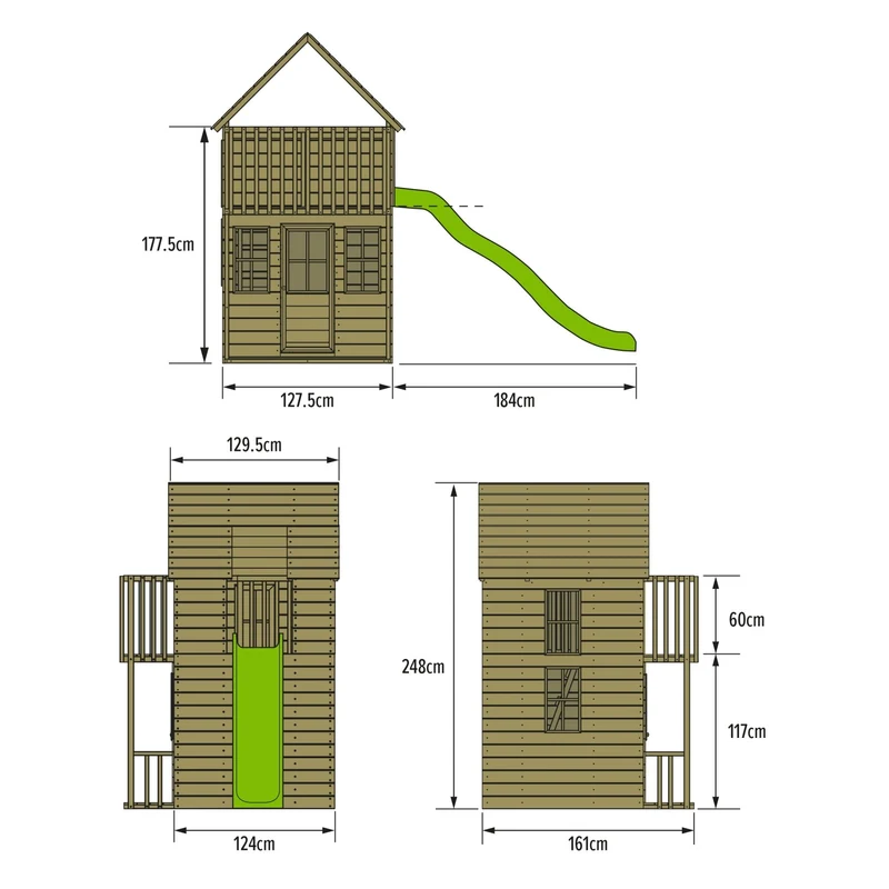 Cabane enfant avec étage et toboggan vert pomme - bois FSC® - LOFT