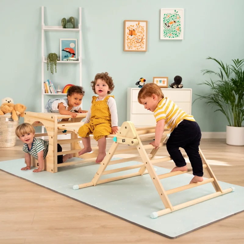 Aire de jeux Montessori Cube, Triangle et Toboggan en bois FSC®