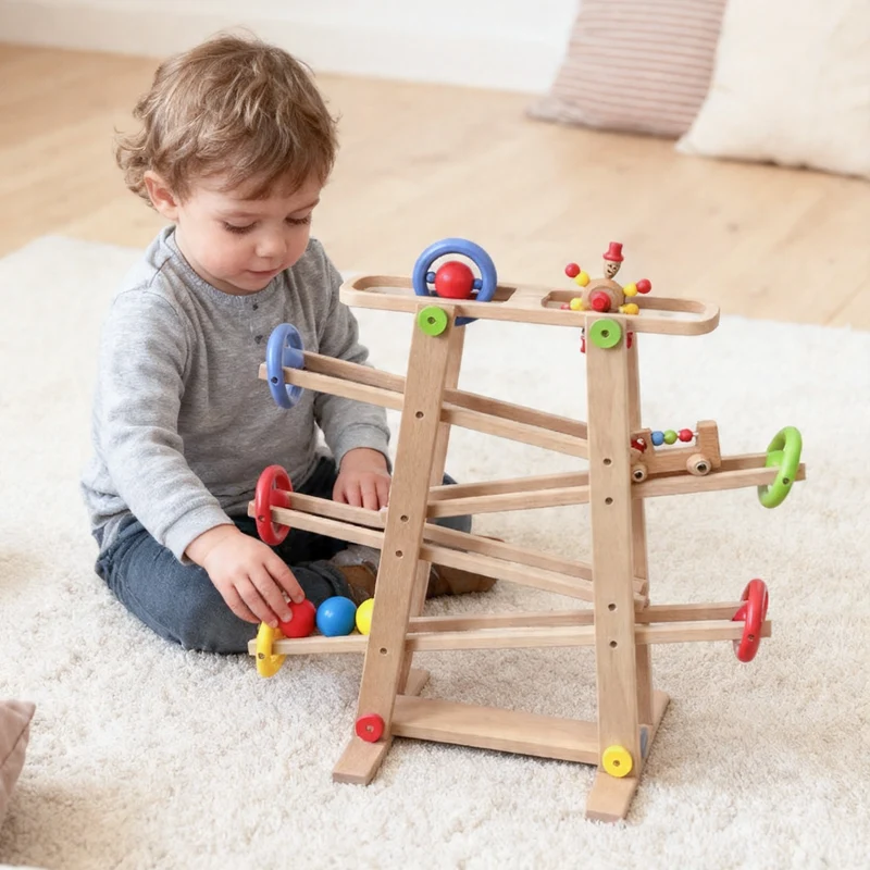 Montessori Kugelbahn Buche – 7 Rollobjekte (Klassik)