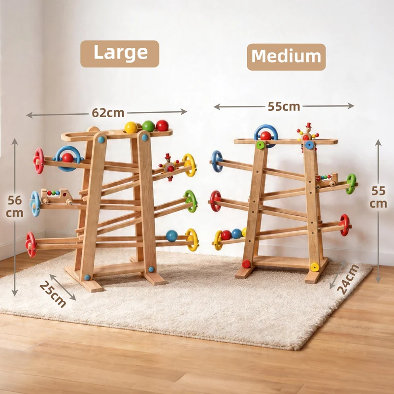 Montessori Kugelbahn Buche – 7 Rollobjekte (Klassik)