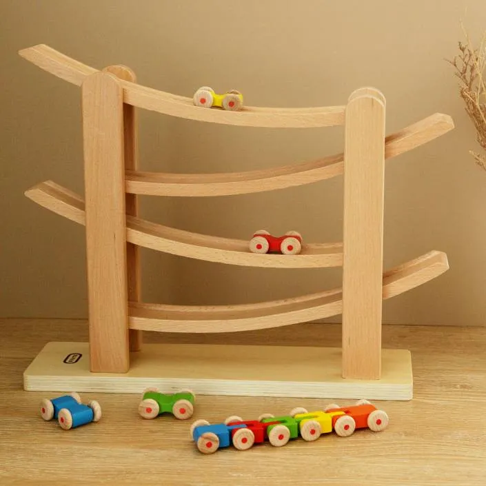 Montessori Rennbahn Buche – Kugelbahn mit 5 Autos