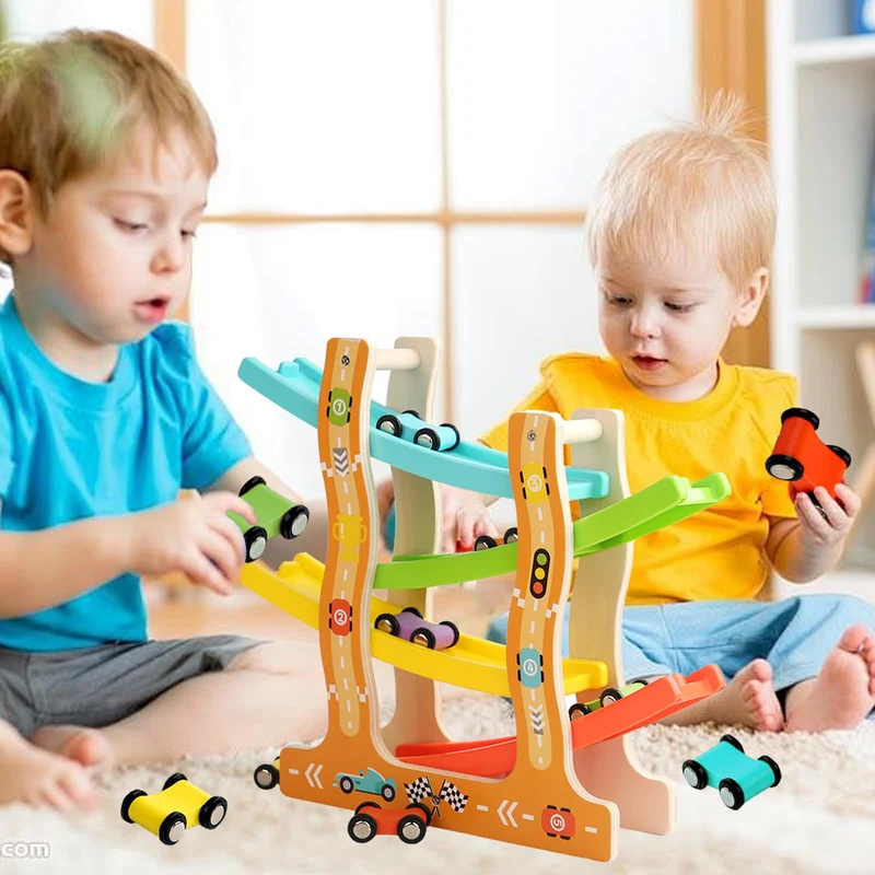 Montessori Autorennbahn Holz – Bunte Rutschbahn (6 Autos)