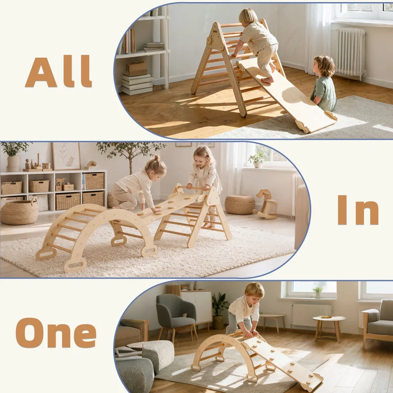 4-in-1 Kletterset aus Holz: Kletterdreieck, Kletterbogen & Rampe
