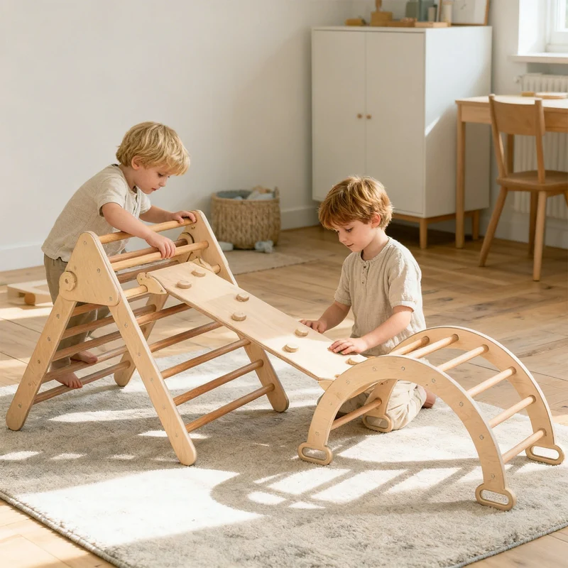 4-in-1 Kletterset aus Holz: Kletterdreieck, Kletterbogen & Rampe
