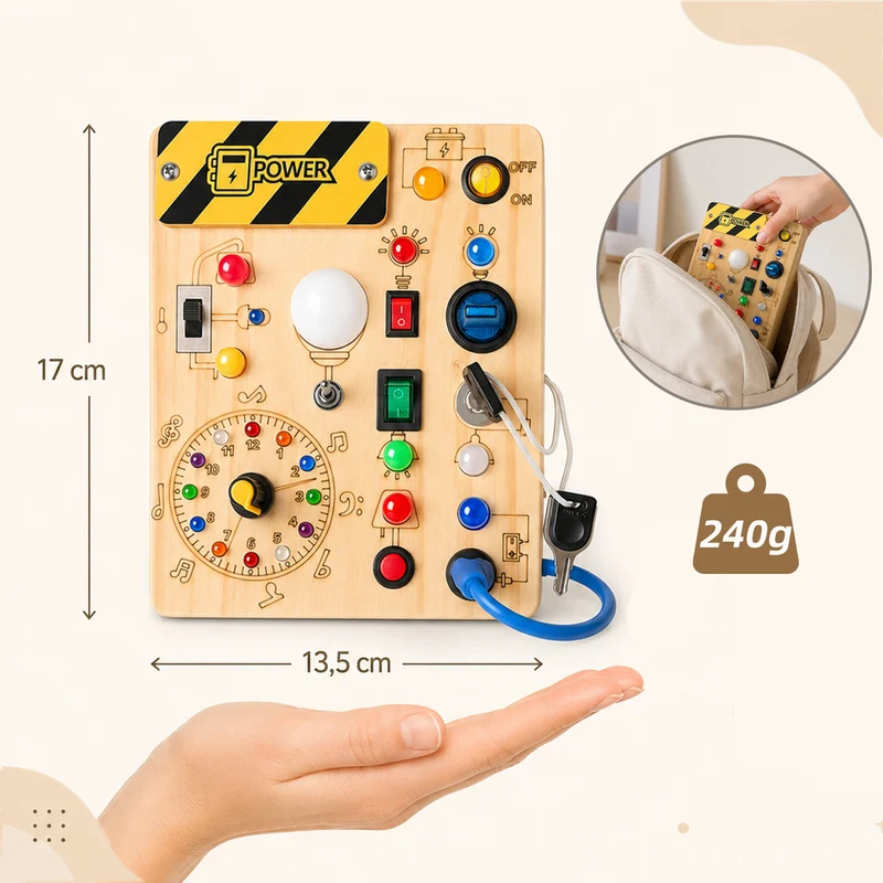 Montessori Busy Board aus Holz - – LED Licht & Schalter