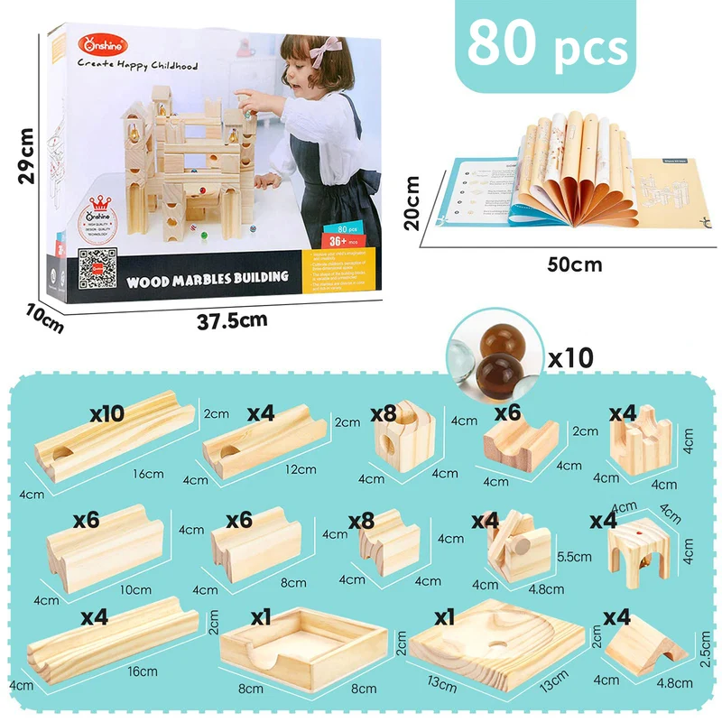 Montessori Murmelbahn Holz 52 Teile – buntes Kugelbahn-Bauset für Kinder