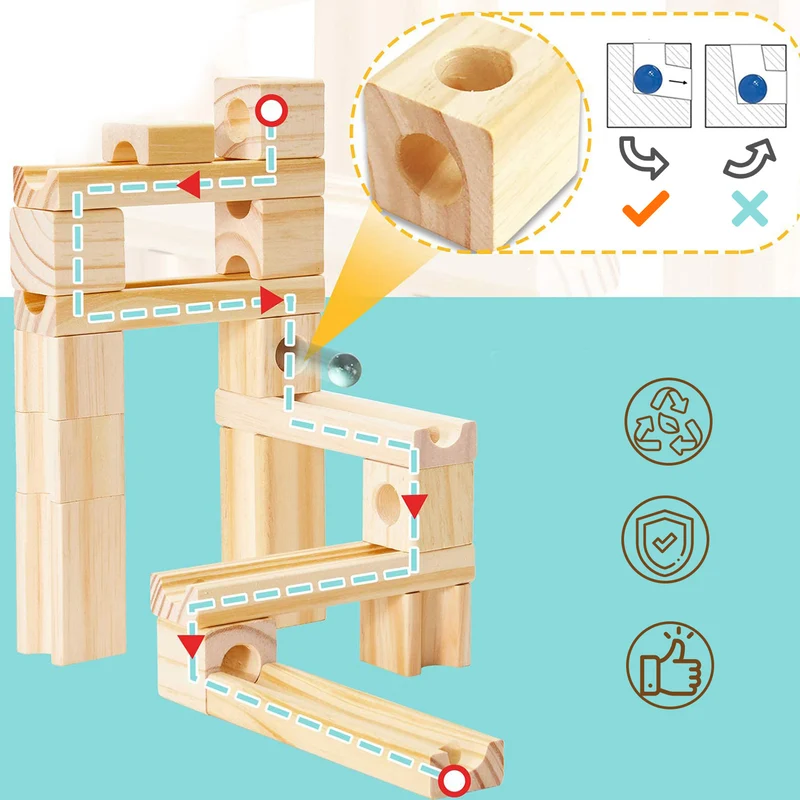 Montessori Murmelbahn aus Holz – 3D-Konstruktionsspiel mit 60/80 Teilen