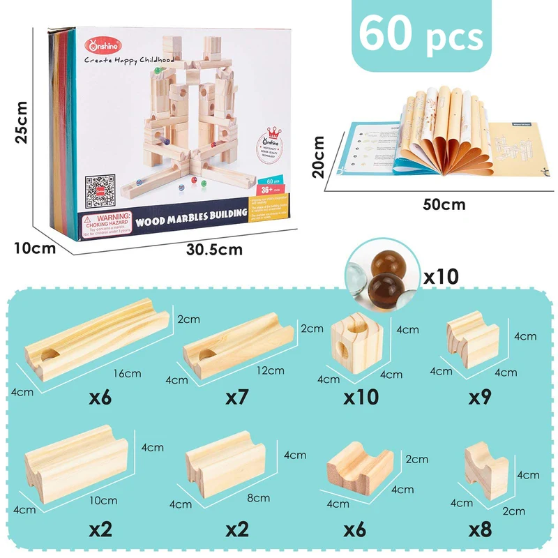 Montessori Murmelbahn Holz 52 Teile – buntes Kugelbahn-Bauset für Kinder