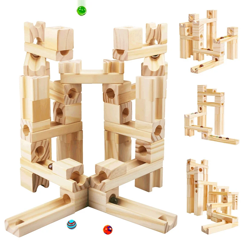 Montessori Murmelbahn aus Holz – 3D-Konstruktionsspiel mit 60/80 Teilen