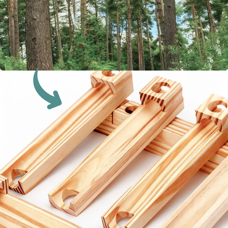 Montessori Murmelbahn Holz 52 Teile – buntes Kugelbahn-Bauset für Kinder