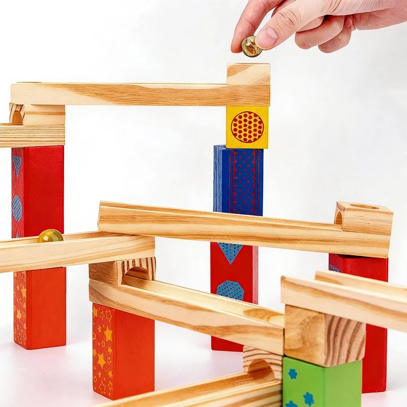 Montessori Murmelbahn Holz 52 Teile – buntes Kugelbahn-Bauset für Kinder